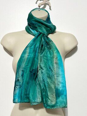 Galilee Silks Hand Painted Silk Scarf 60"X18" Teal Coastal Artsy Studio Israel